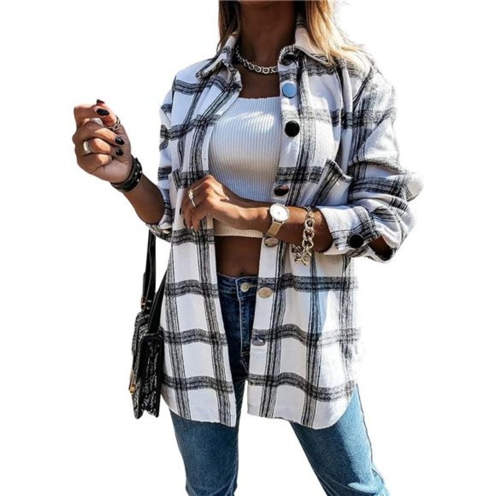White Plaid Printed Flannel Button Up Shacket Jacket Coat Thick Long Sleeve Top - Picture 3 of 6